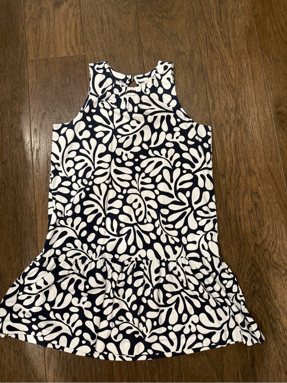LOFT Navy and White Sleeveless Ruffle-Hem Dress